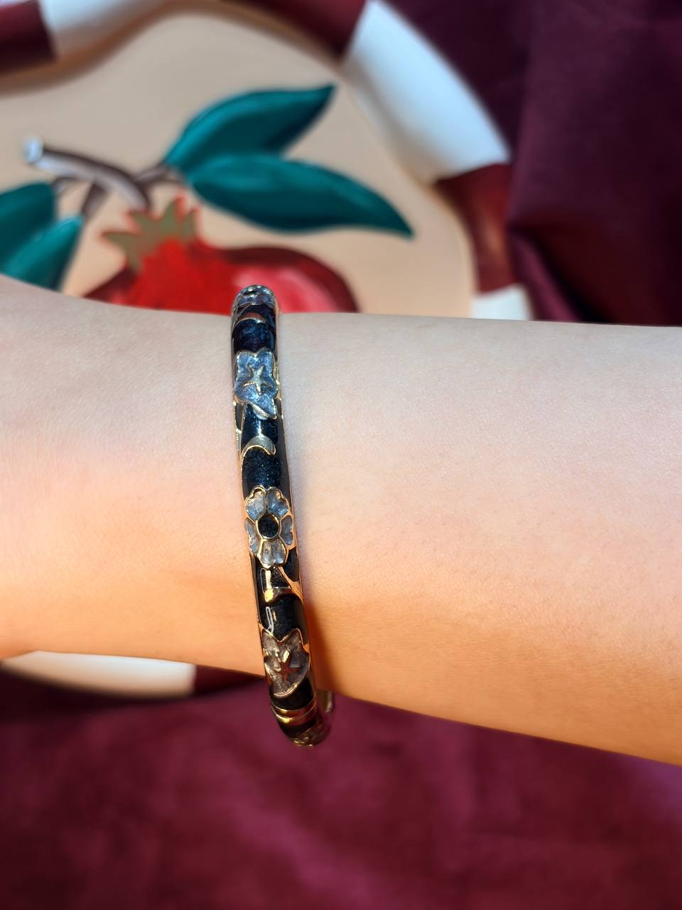 Grey Rose in Black Enamel Bangle