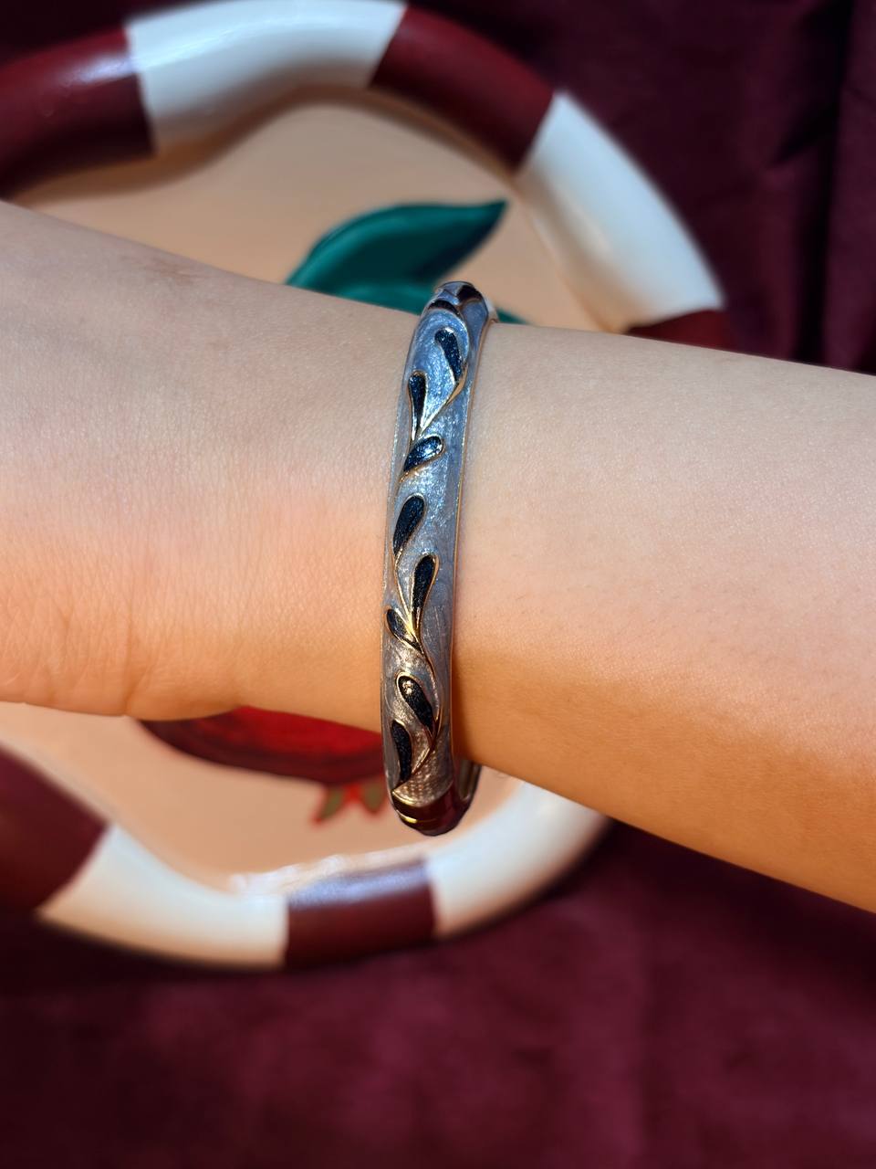Grey in Black Feather Enamel Bangle