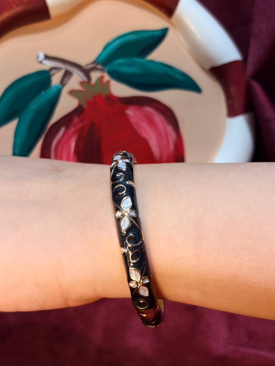 White in Black Rose Enamel Bangle