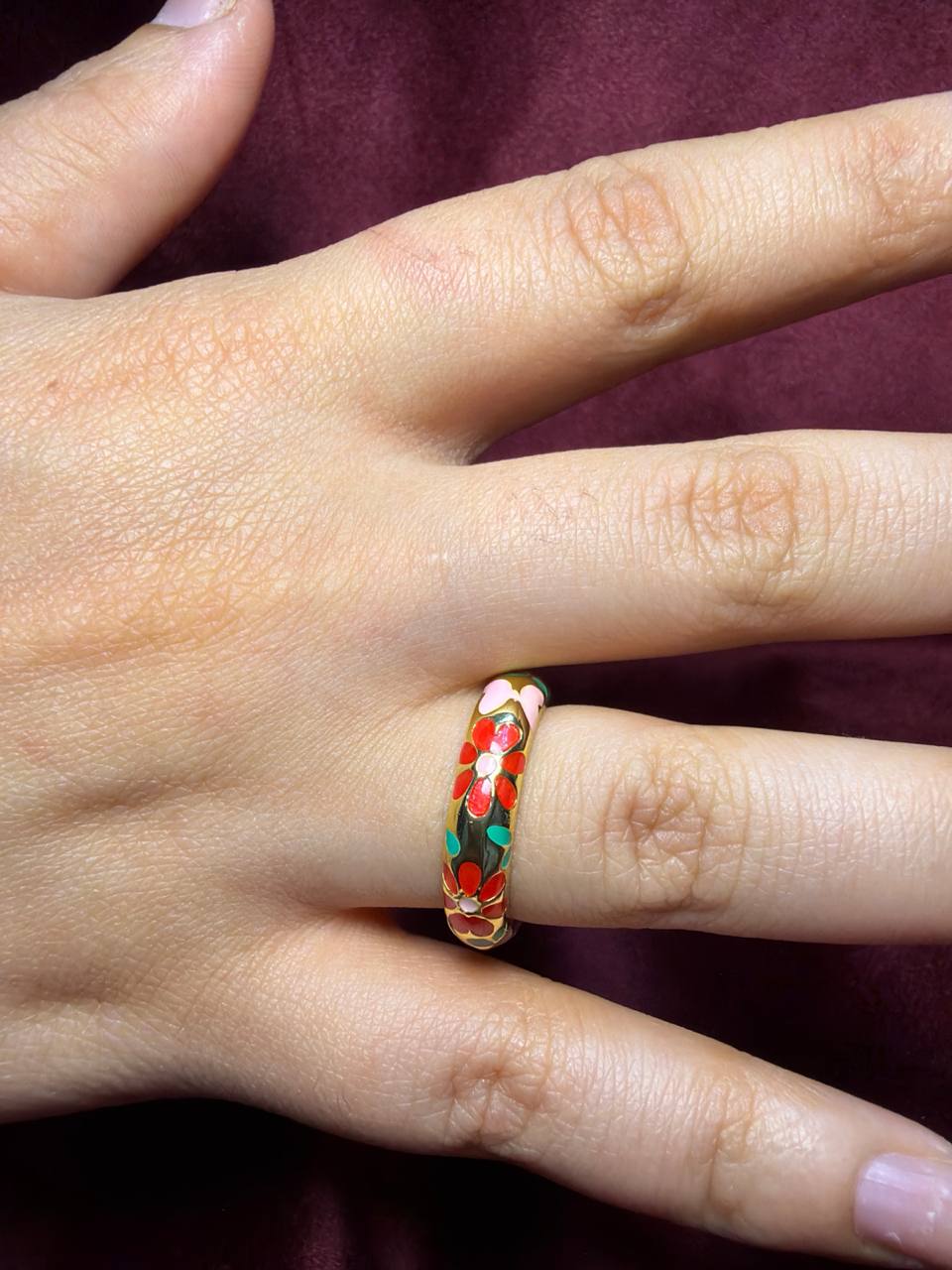 Red and Rose In Gold Enamel Ring