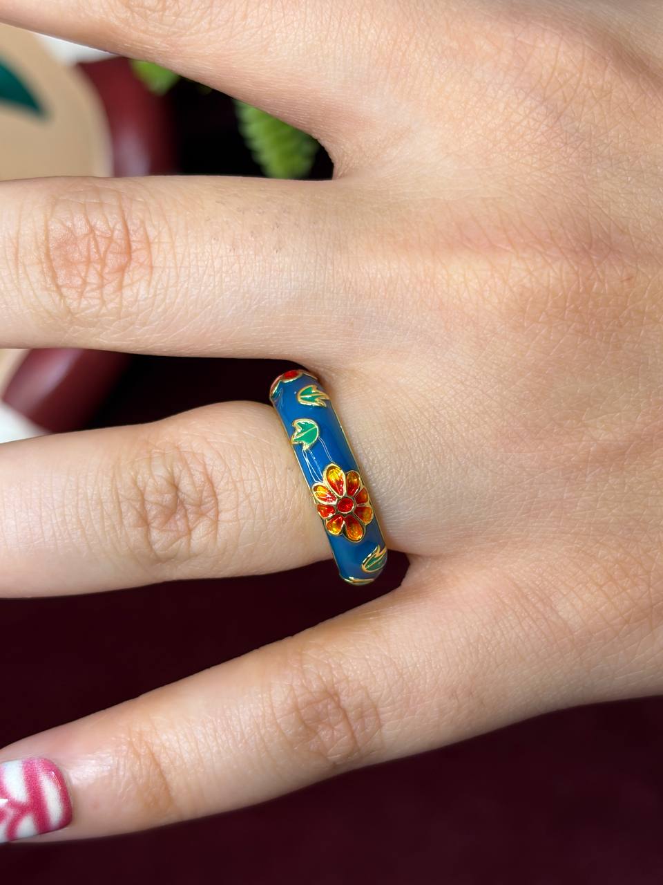 Dark Blue and Red Rose Enamel Ring