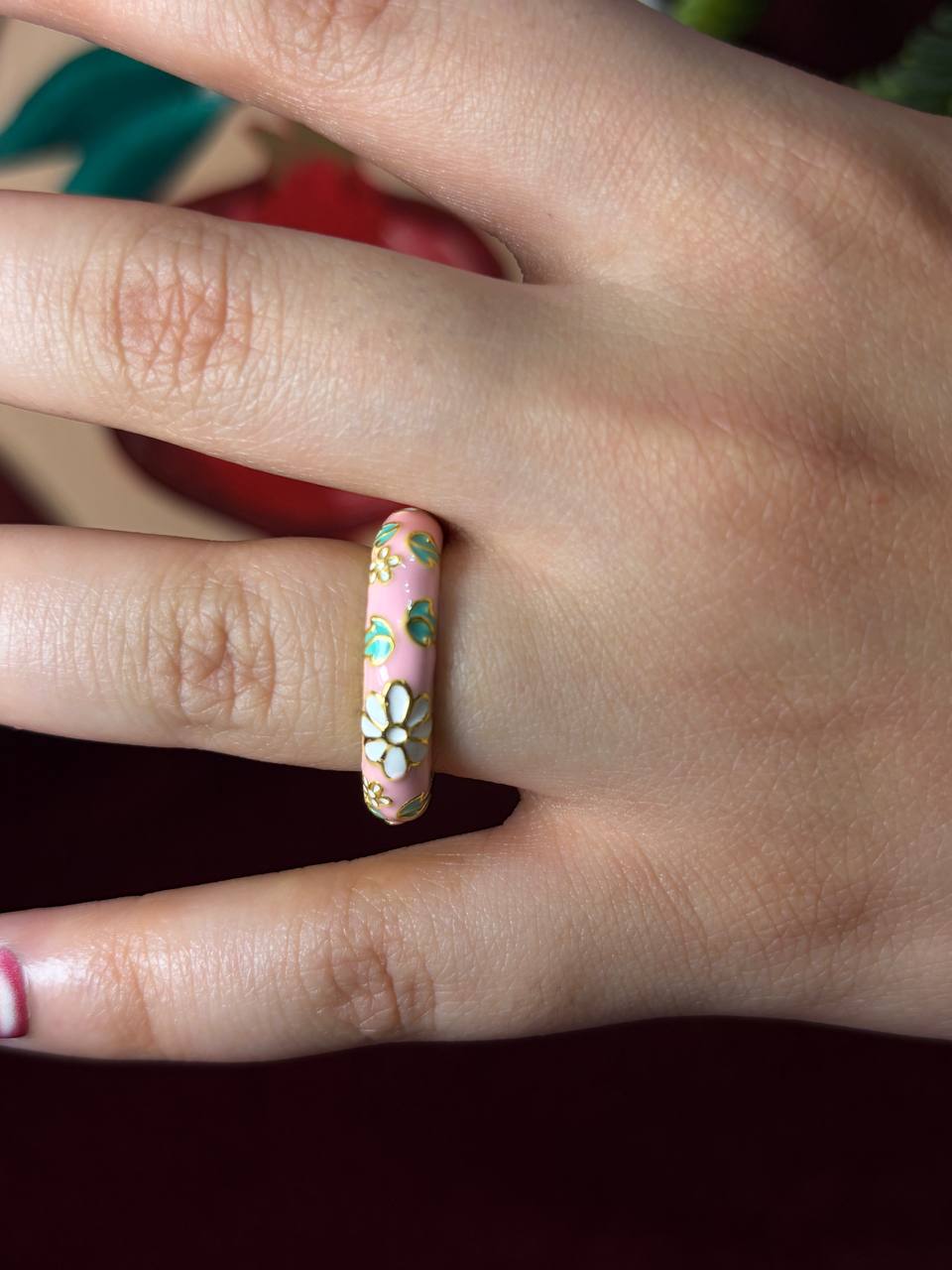Light Pink and White Rose Enamel Ring