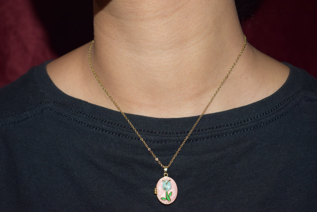 Pink Rose Locket Necklace