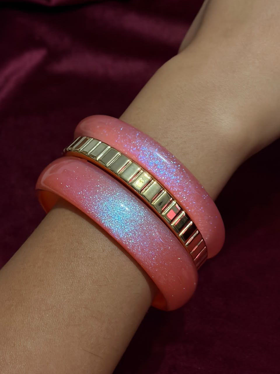 Pink and gold glittery bangle set