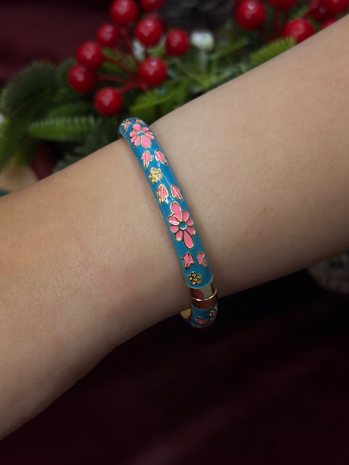 Pink Flower in Blue Enamel Bangle
