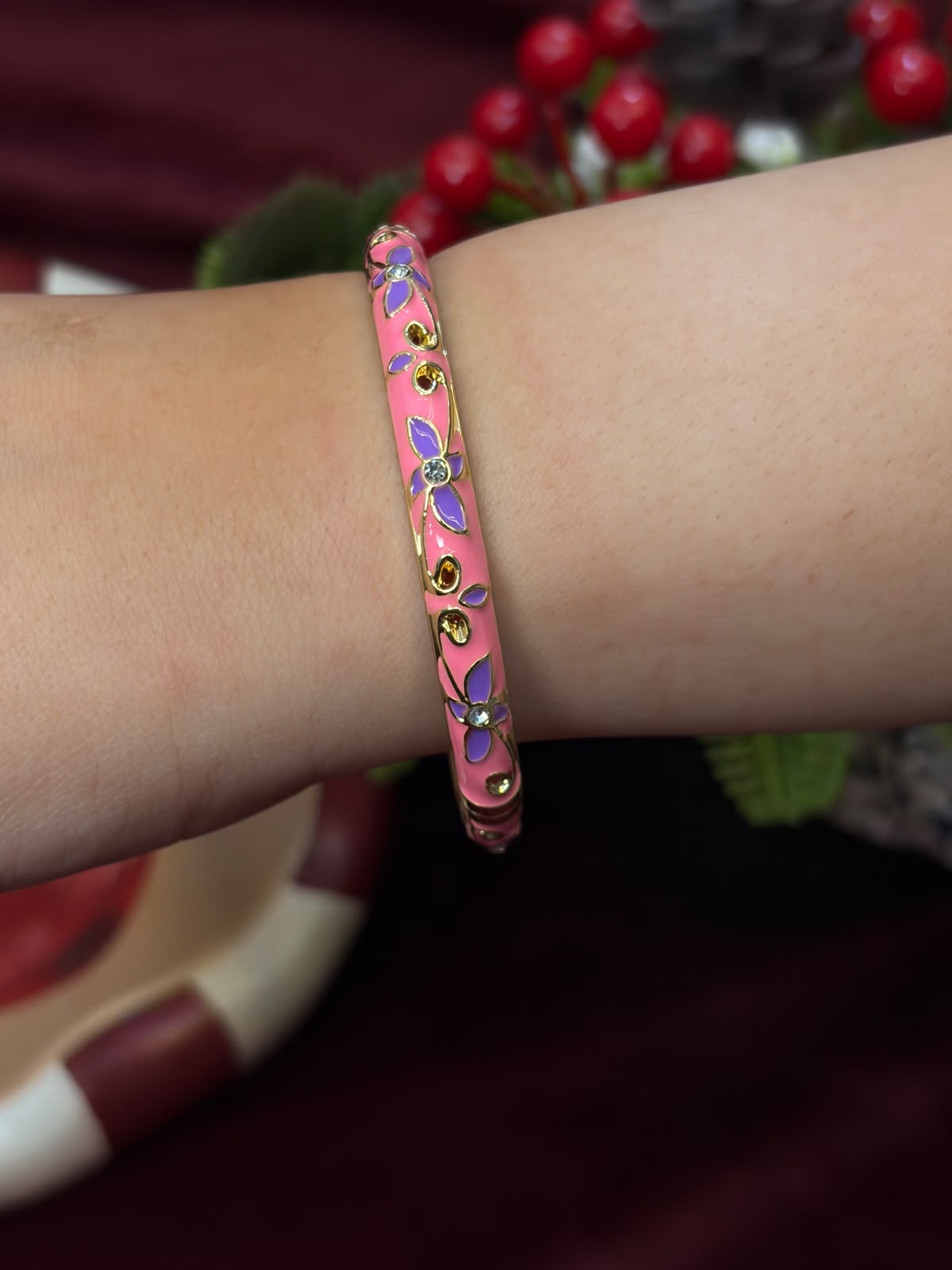 Purple Rose in Pink Enamel Bangle