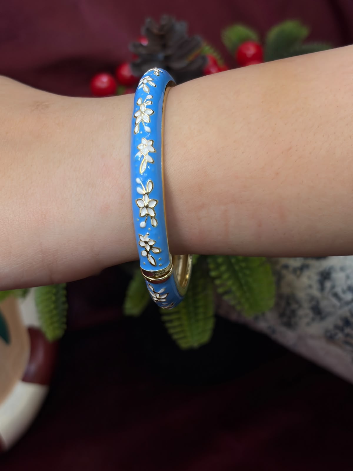 White Flowers in Blue Enamel Bangle