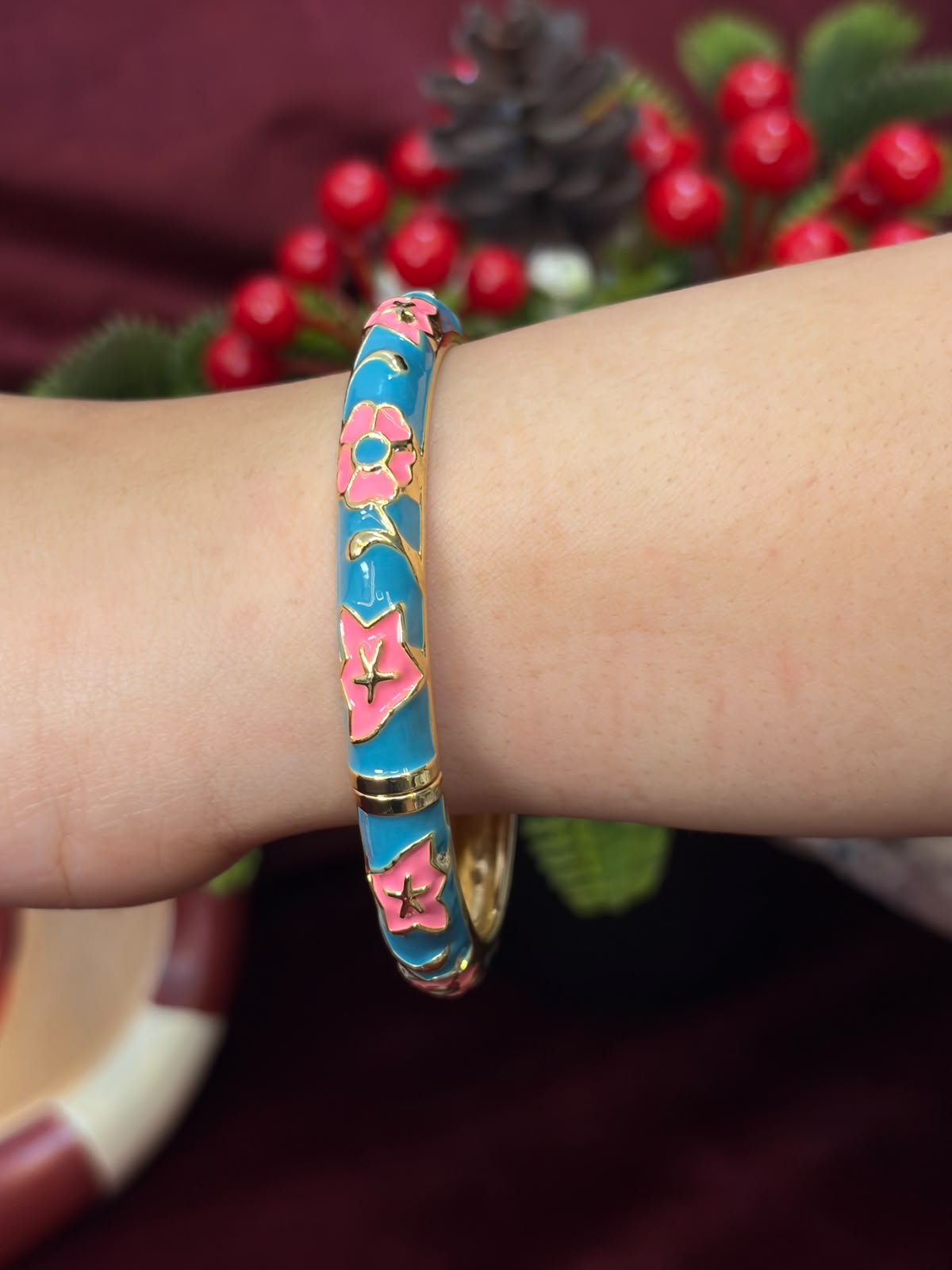 Pink Rose in Blue Enamel Bangle