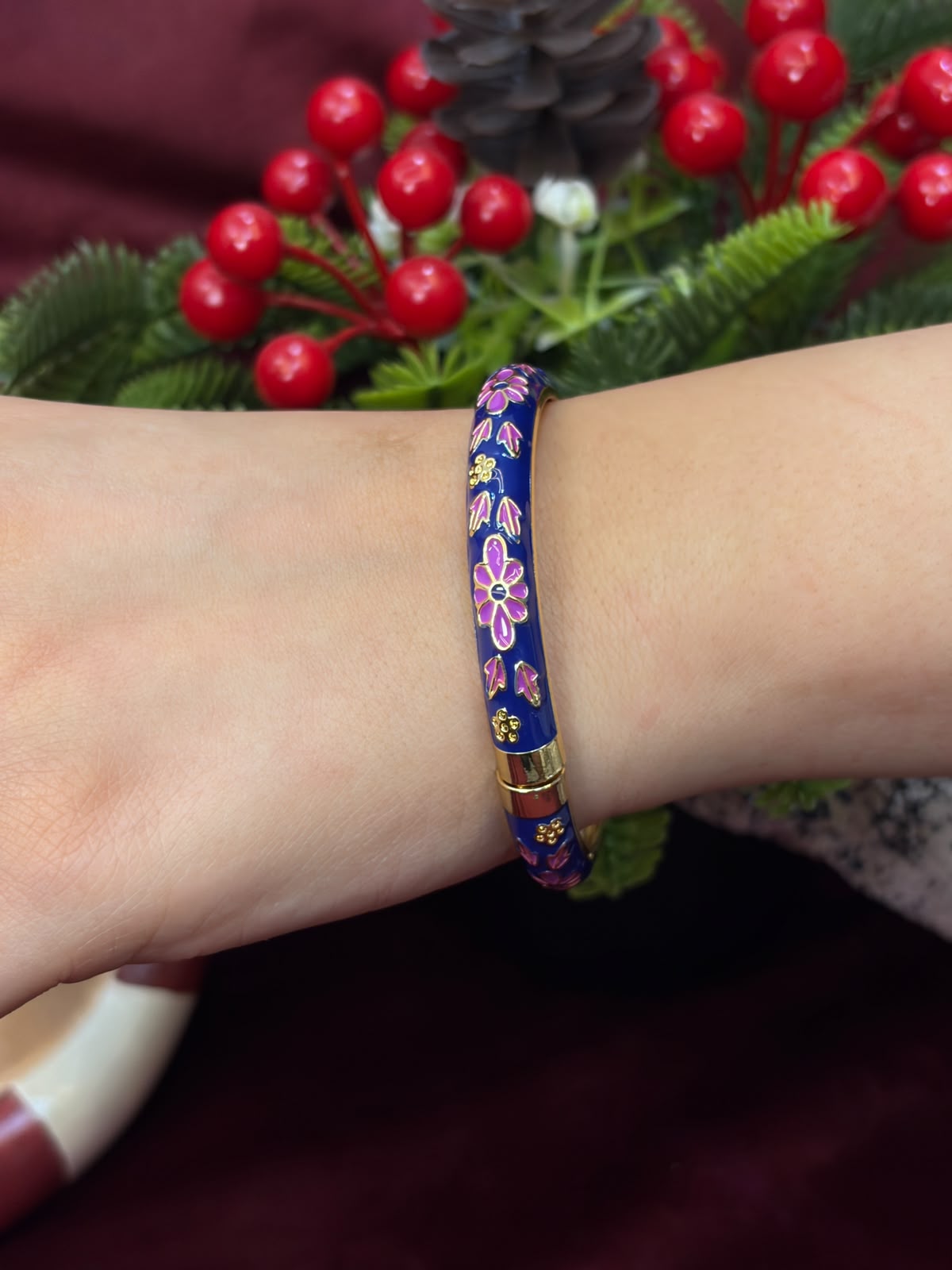 Purple Rose in Blue Enamel Bangle