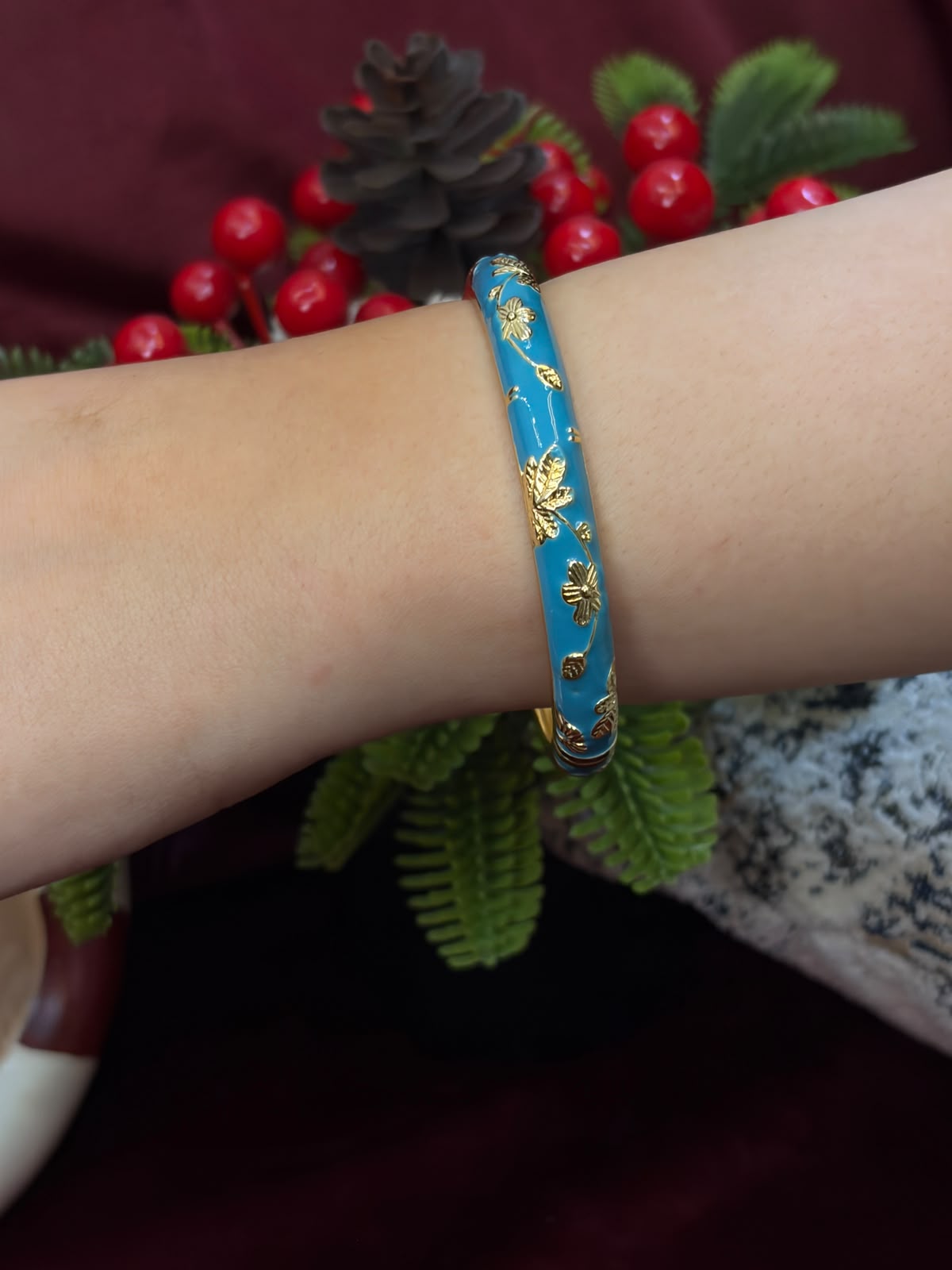 Gold Rose in Blue Enamel Bangle