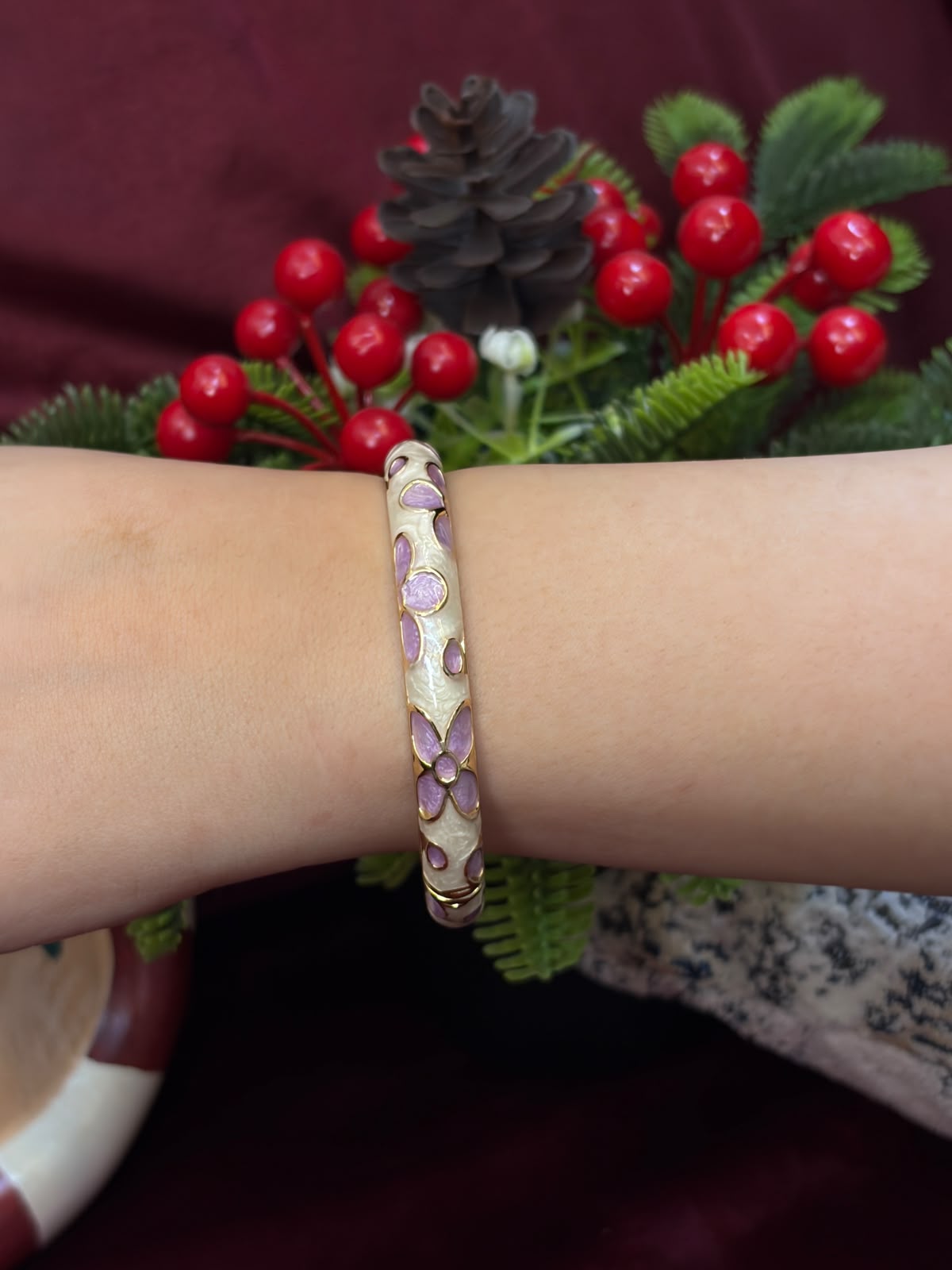 Purple Rose in White Enamel Bangle