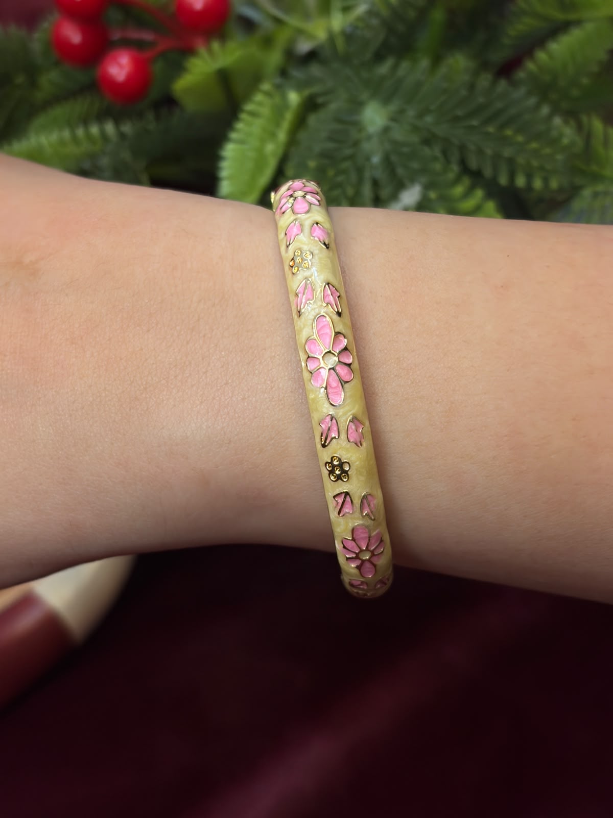 Pink Rose in Gold Enamel Bangle