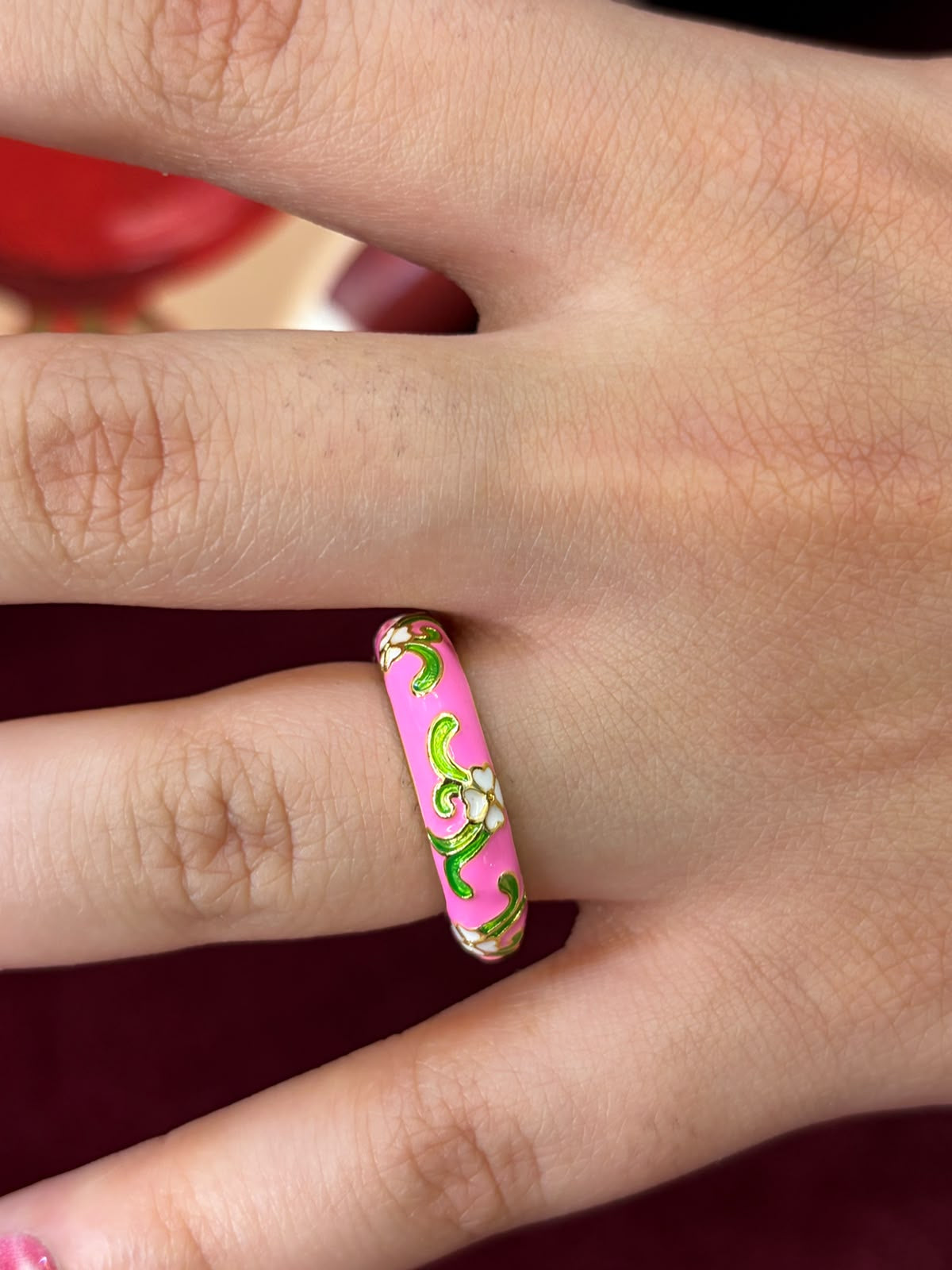 Green Floral In Hot Pink Enamel Ring