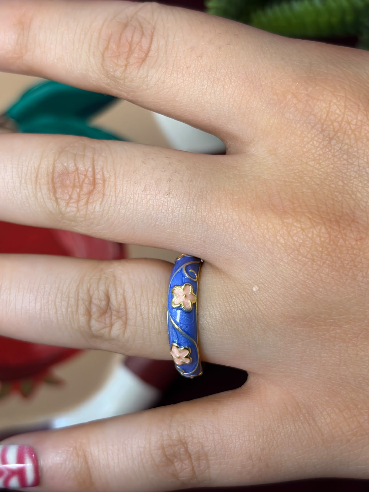 Pink Flowers In Purple Enamel Ring