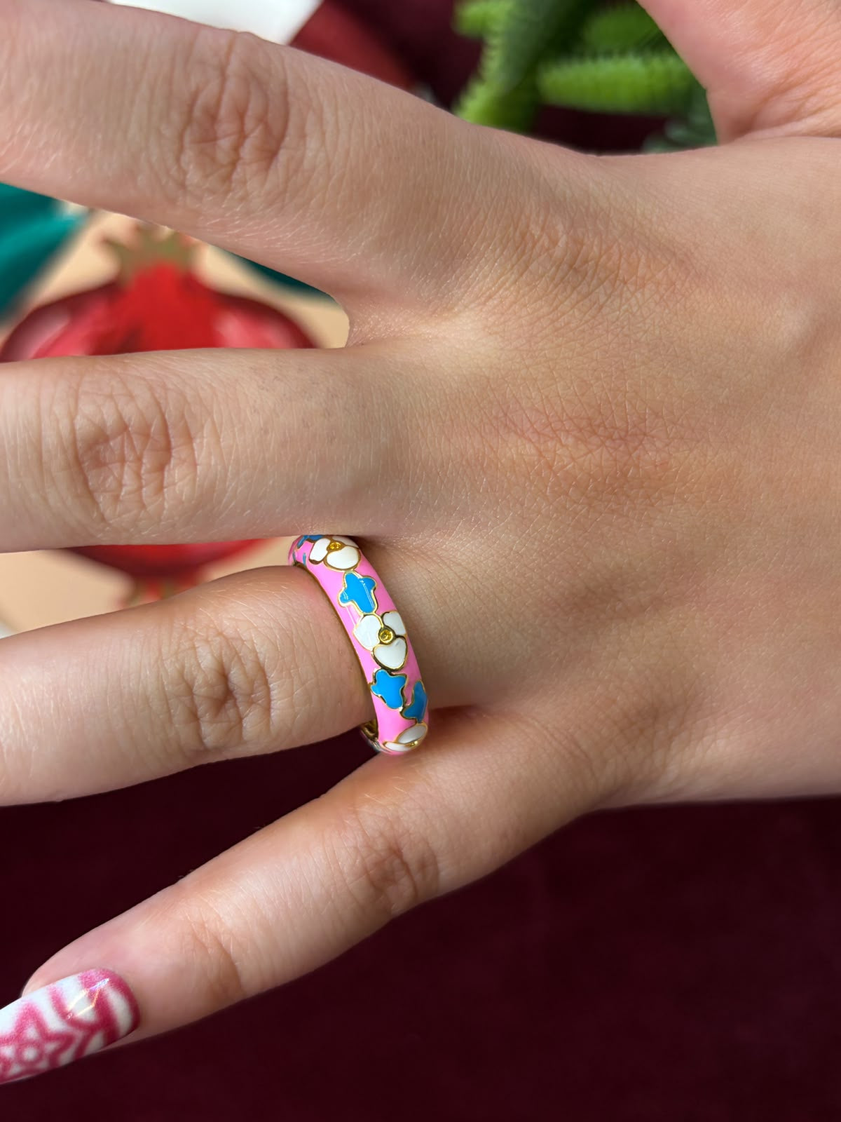 White Floral In Pink Enamel Ring