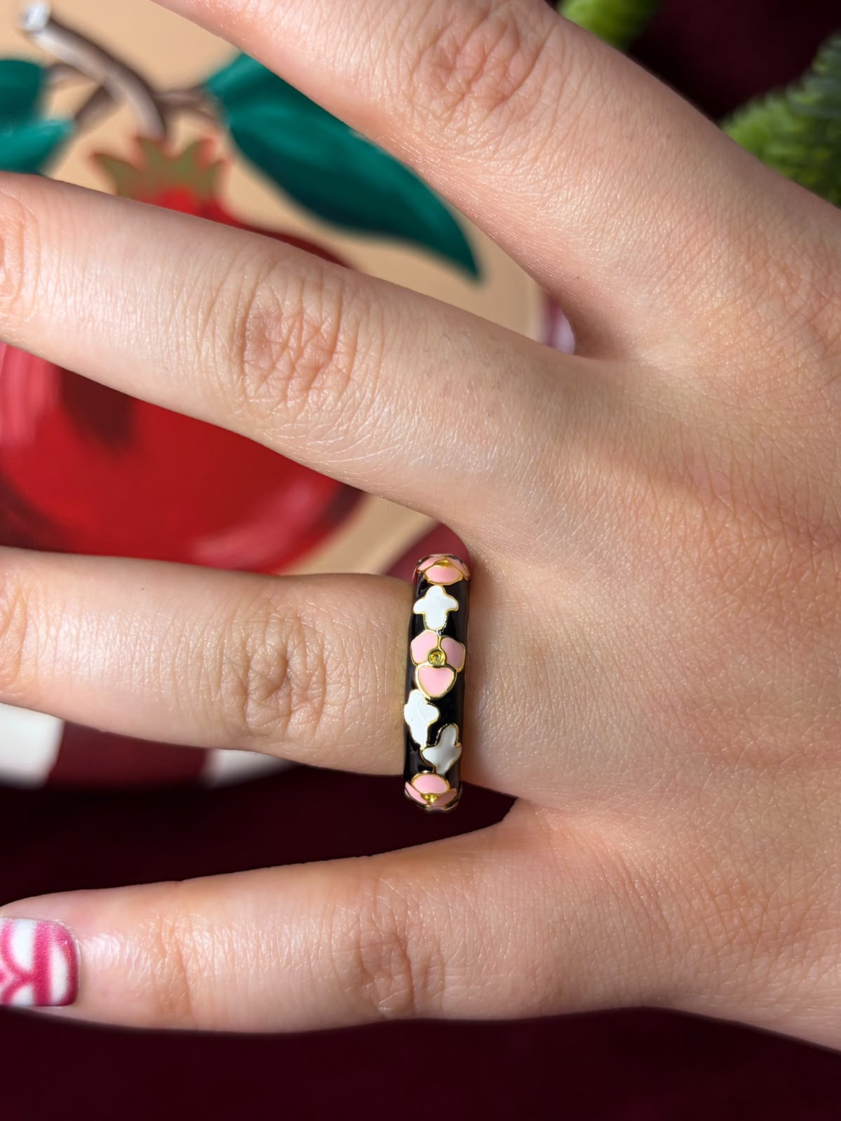 Baby Pink and White In Black Enamel Ring