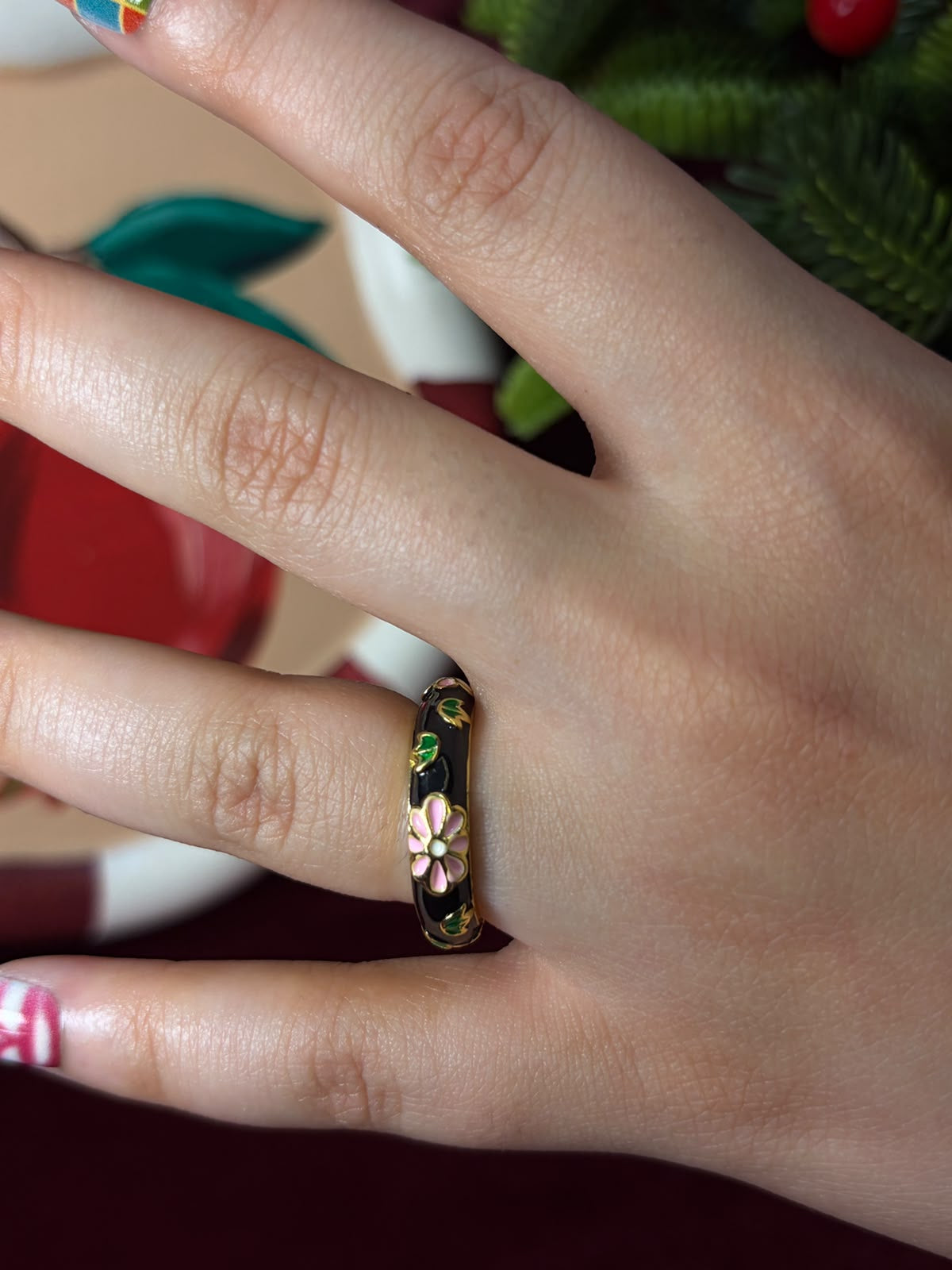 Baby Pink Flower In Black Enamel Ring