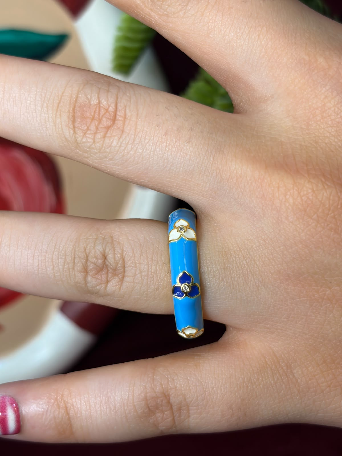 Simple Flowers In Blue Enamel Ring