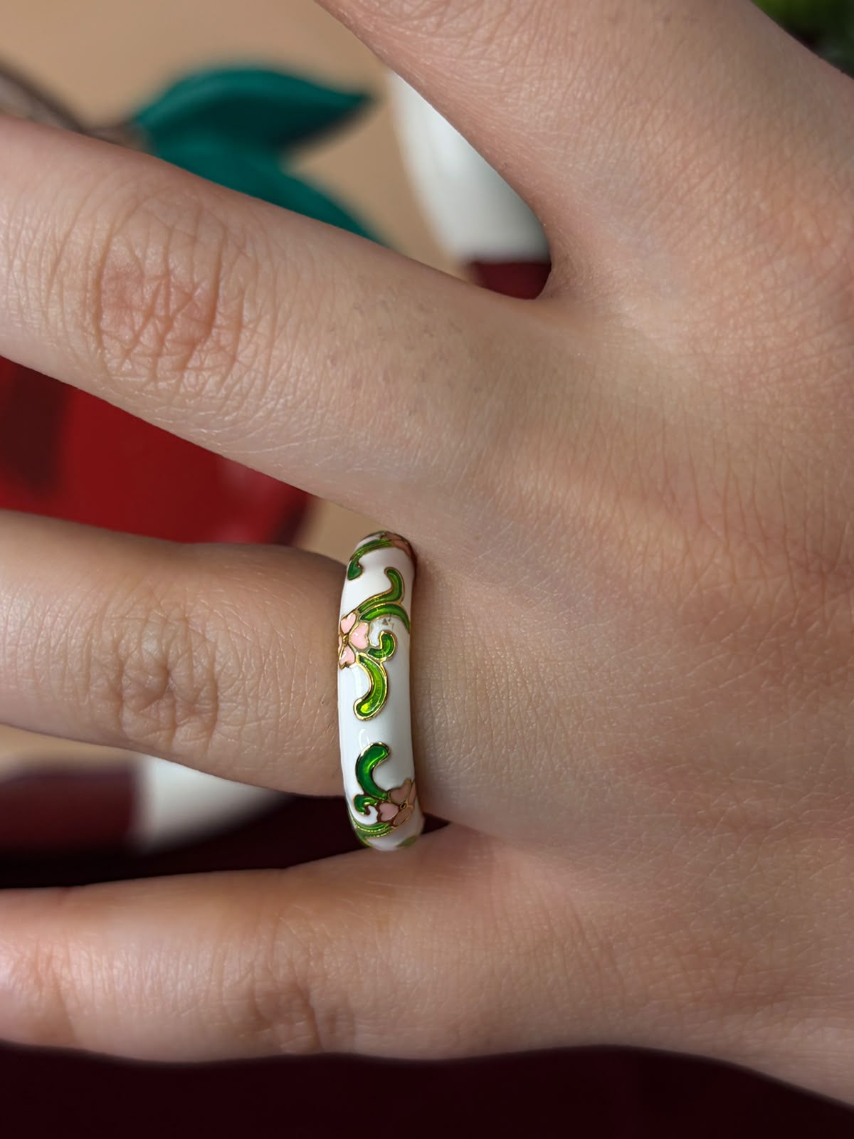 Baby Pink Rose In White Enamel Ring