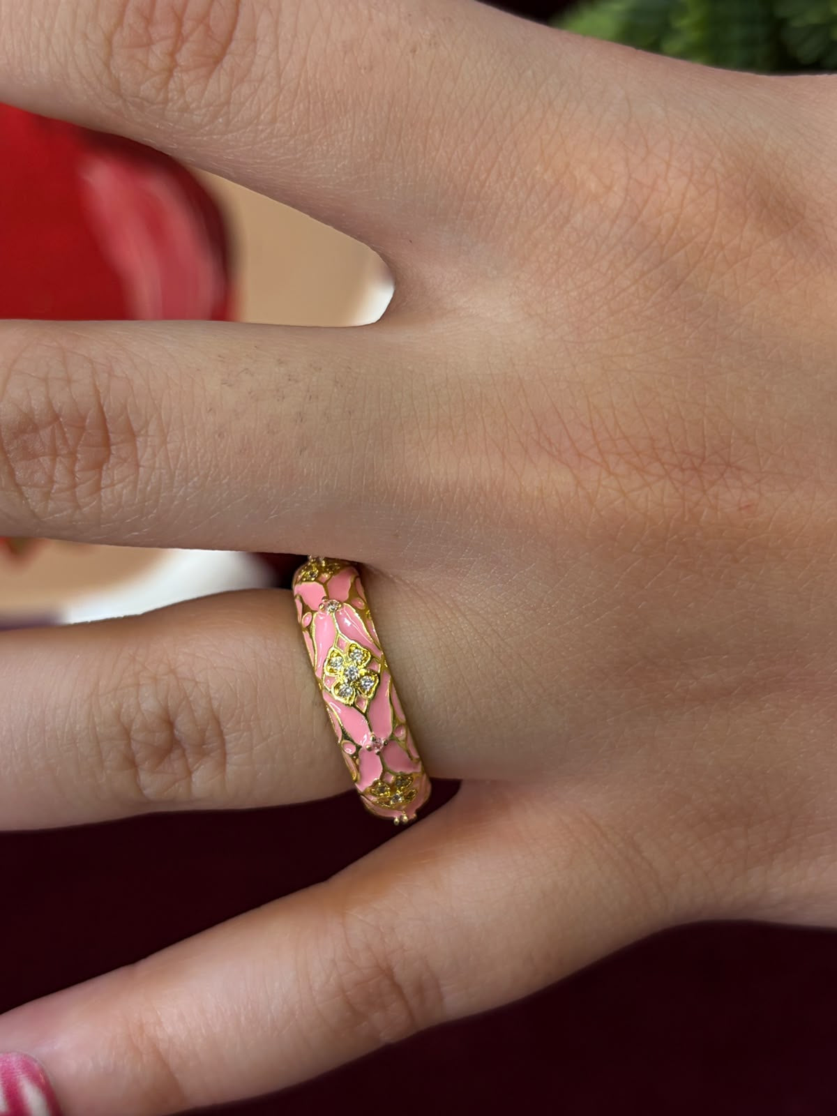 Golden Art In Pink Enamel Ring