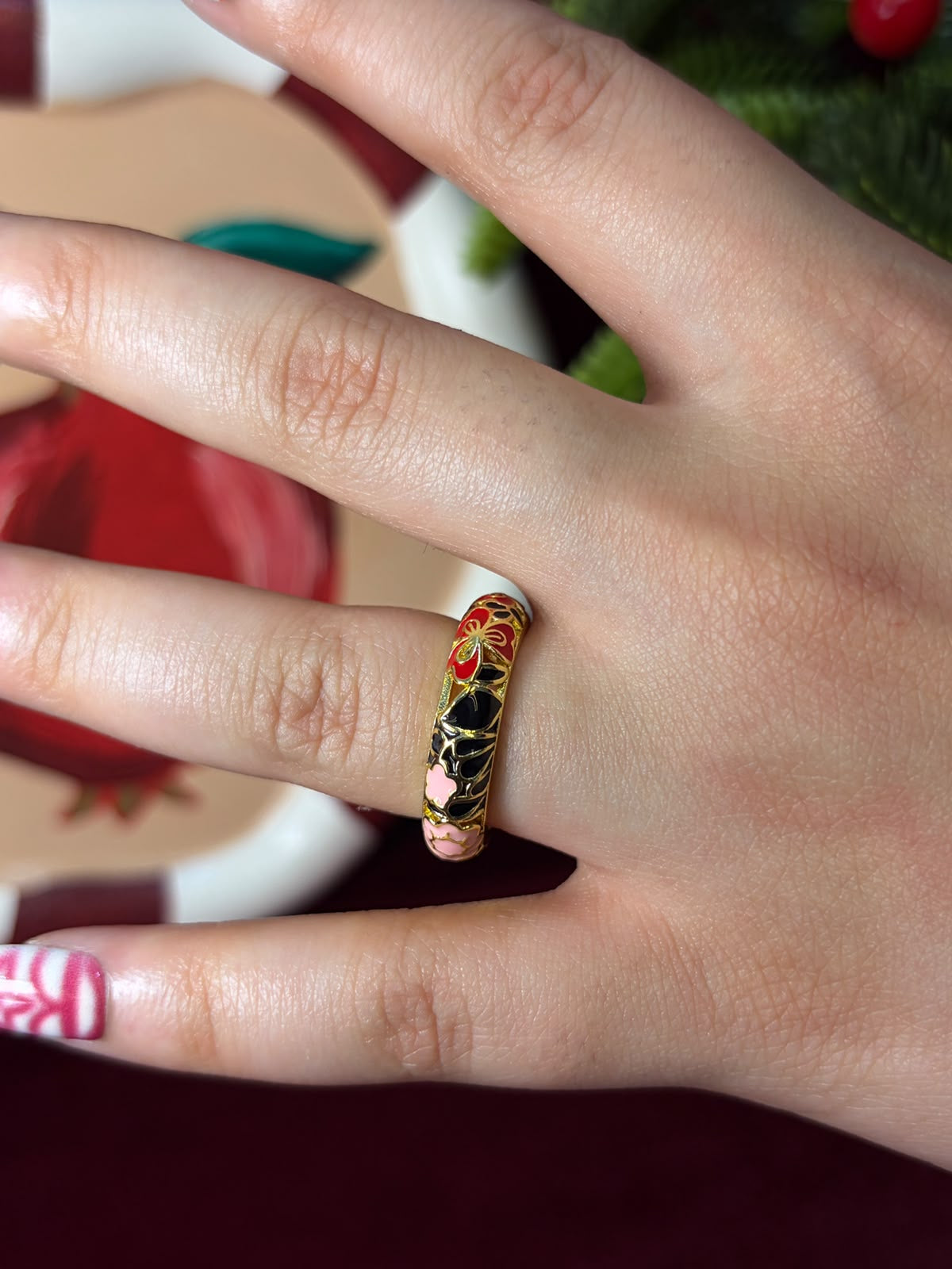 Pink Aura In Black Enamel Ring