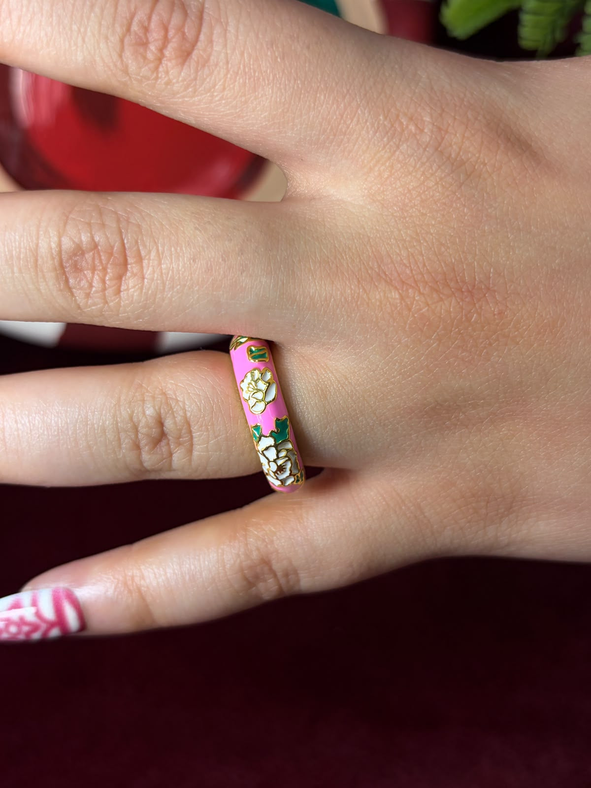 White Flowers in Pink Enamel Ring