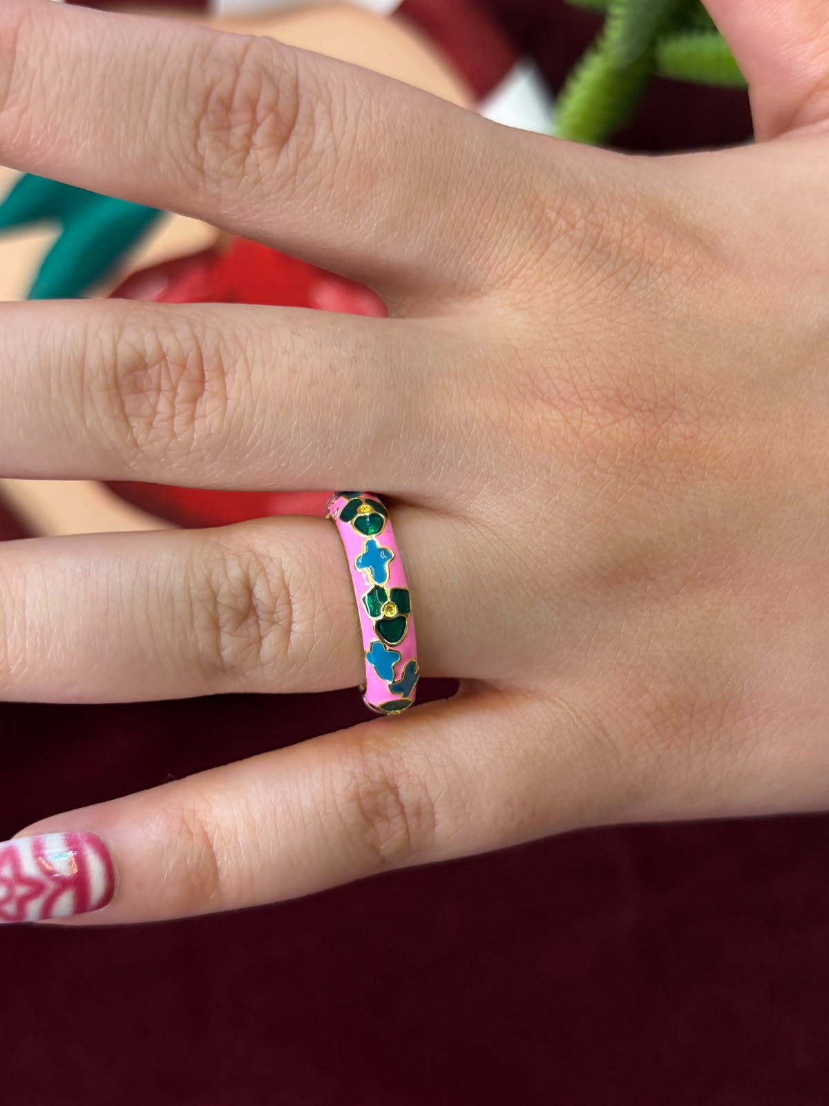 Green Floral In Pink Enamel Ring