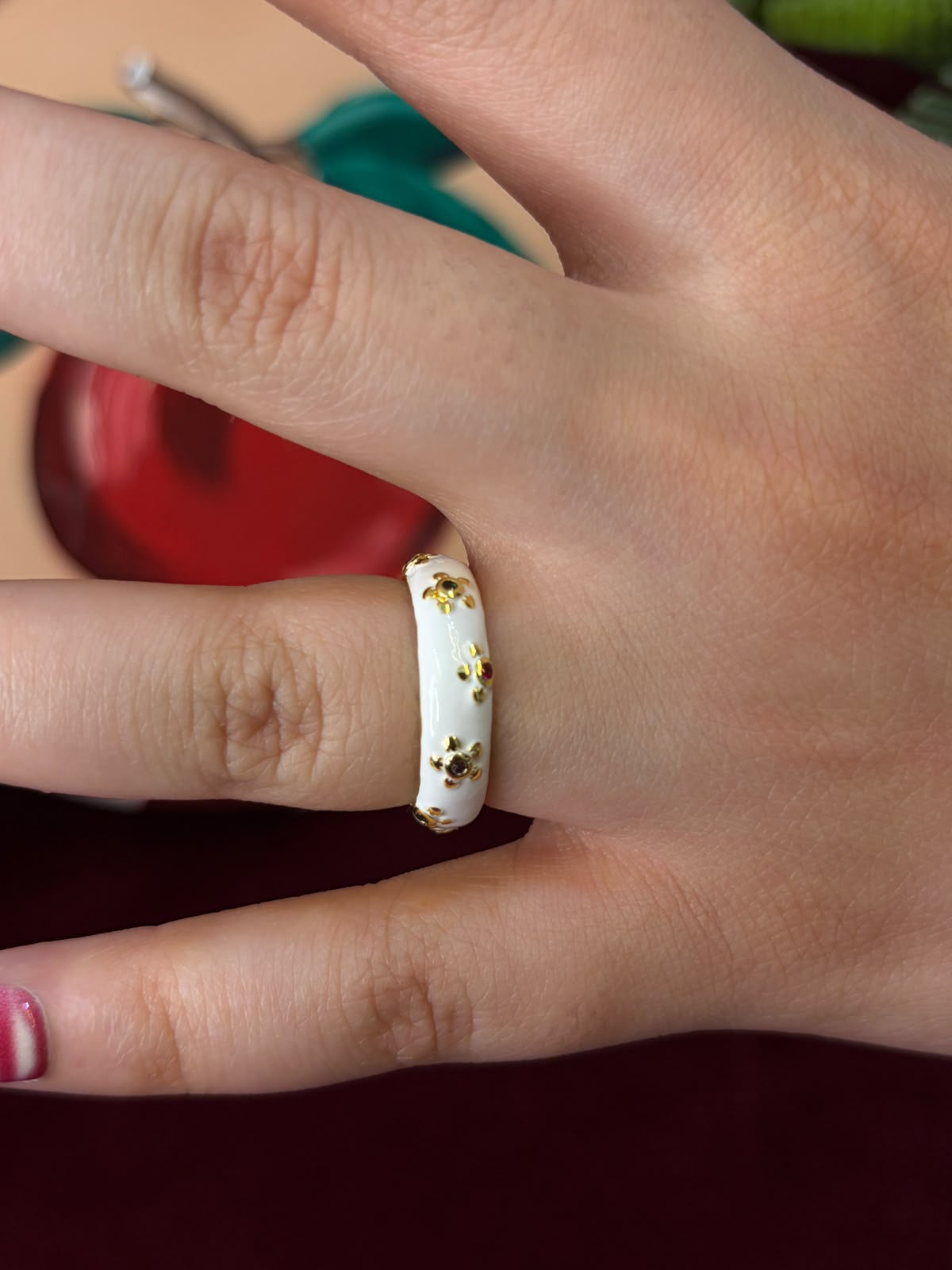 Small Flowers In White Enamel Ring