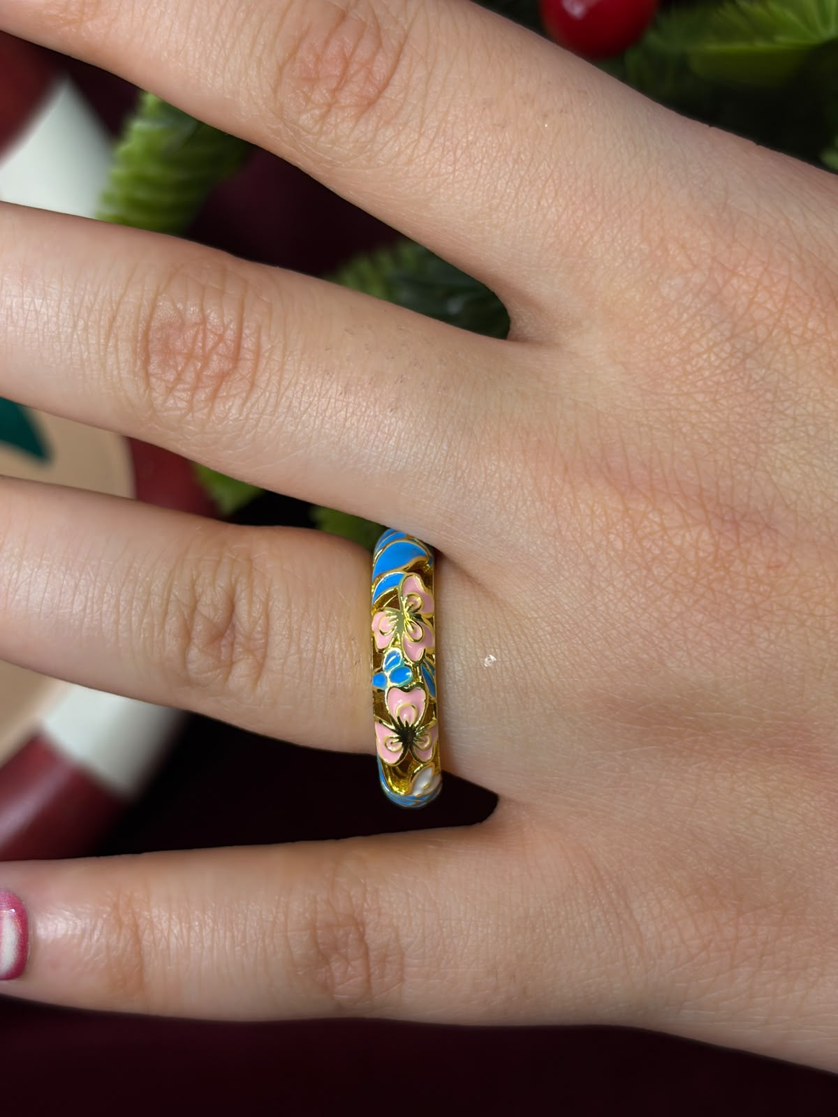 Pink Floral In Blue Enamel Ring