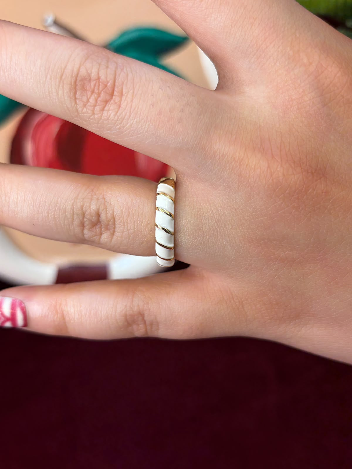 Gold Stripes In White Enamel Ring